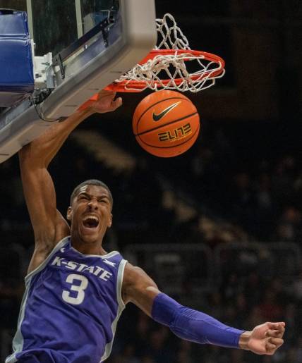 Kansas State Wildcats forward David N'Guessan (3) dunks at Hinkle Fieldhouse, Wednesday, Nov. 30, 2022, during Butler   s 76-64 win over Kansas State.