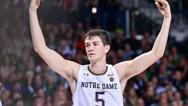 Nov 30, 2022; South Bend, Indiana, USA; Notre Dame Fighting Irish guard Cormac Ryan (5) gestures in the second half against the Michigan State Spartans at the Purcell Pavilion. Mandatory Credit: Matt Cashore-USA TODAY Sports