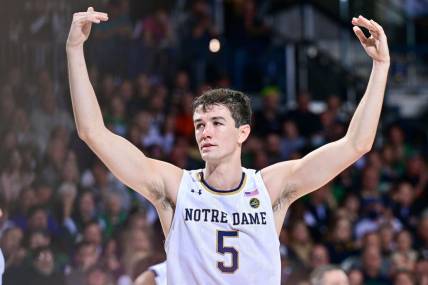 Nov 30, 2022; South Bend, Indiana, USA; Notre Dame Fighting Irish guard Cormac Ryan (5) gestures in the second half against the Michigan State Spartans at the Purcell Pavilion. Mandatory Credit: Matt Cashore-USA TODAY Sports