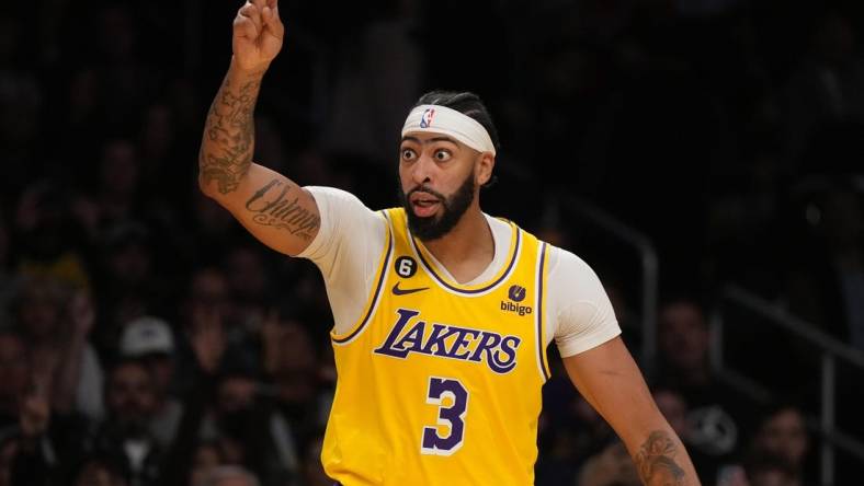 Nov 30, 2022; Los Angeles, California, USA; Los Angeles Lakers forward Anthony Davis (3) reacts against the Portland Trail Blazers in the second half at Crypto.com Arena. Mandatory Credit: Kirby Lee-USA TODAY Sports