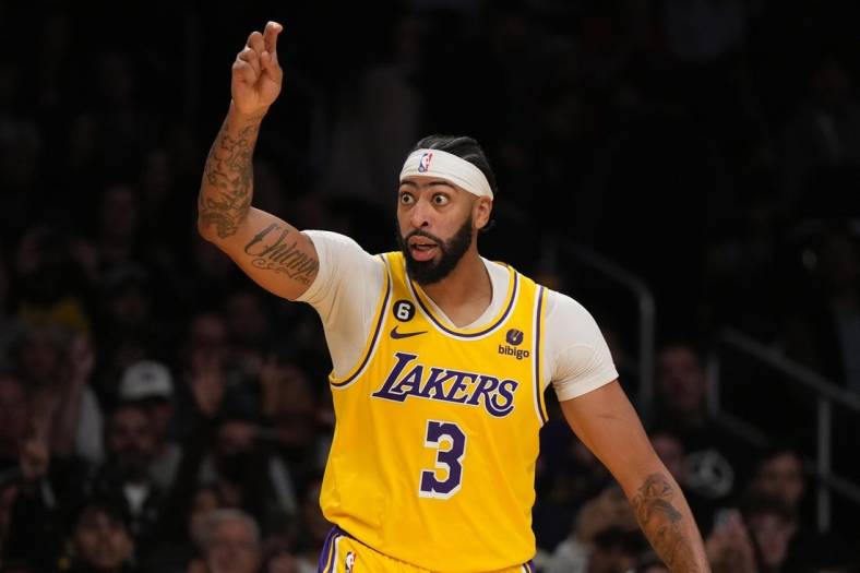 Nov 30, 2022; Los Angeles, California, USA; Los Angeles Lakers forward Anthony Davis (3) reacts against the Portland Trail Blazers in the second half at Crypto.com Arena. Mandatory Credit: Kirby Lee-USA TODAY Sports