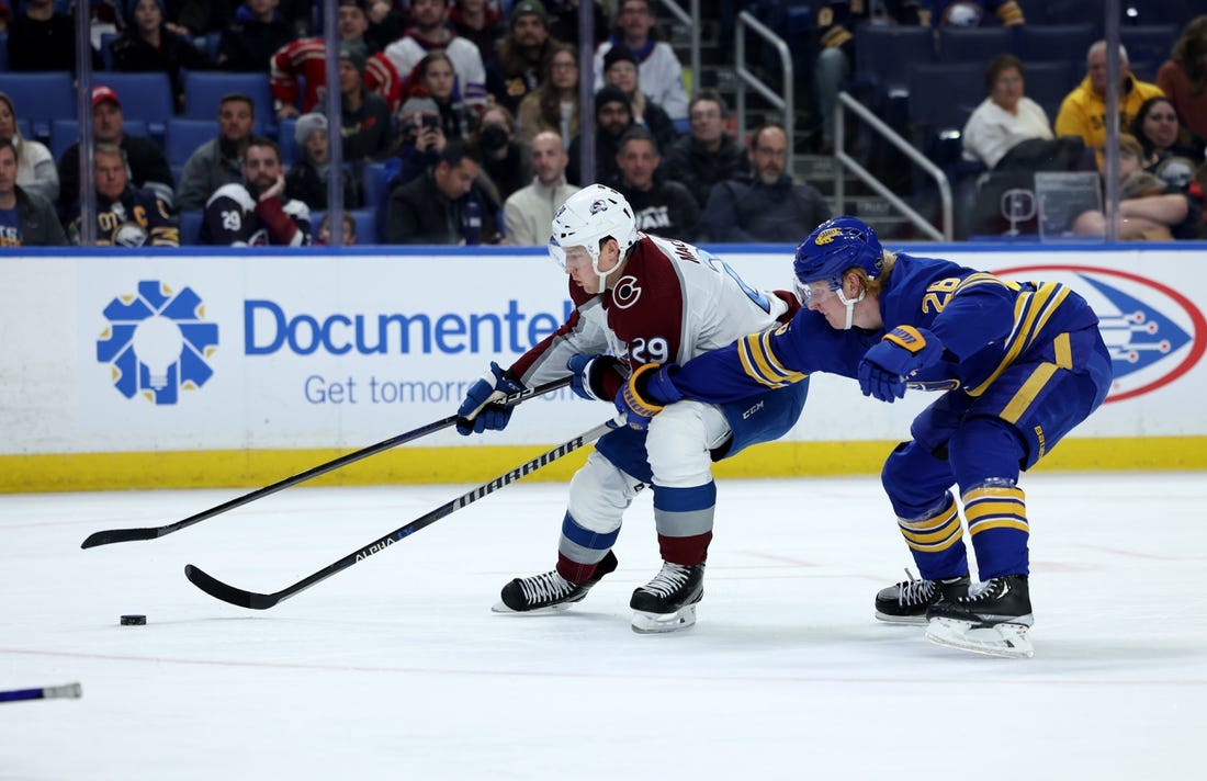 Dec 1, 2022; Buffalo, New York, USA;  Colorado Avalanche center Nathan MacKinnon (29) skates with the puck as Buffalo Sabres defenseman Rasmus Dahlin (26) defends during the first period at KeyBank Center. Mandatory Credit: Timothy T. Ludwig-USA TODAY Sports