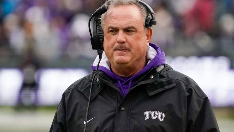 Nov 26, 2022; Fort Worth, Texas, USA; TCU Horned Frogs head coach Sonny Dykes on the sidelines during a game against the Iowa State Cyclones at Amon G. Carter Stadium. Mandatory Credit: Raymond Carlin III-USA TODAY Sports