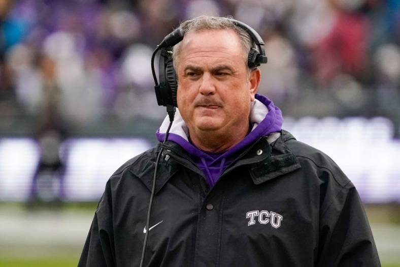 Nov 26, 2022; Fort Worth, Texas, USA; TCU Horned Frogs head coach Sonny Dykes on the sidelines during a game against the Iowa State Cyclones at Amon G. Carter Stadium. Mandatory Credit: Raymond Carlin III-USA TODAY Sports