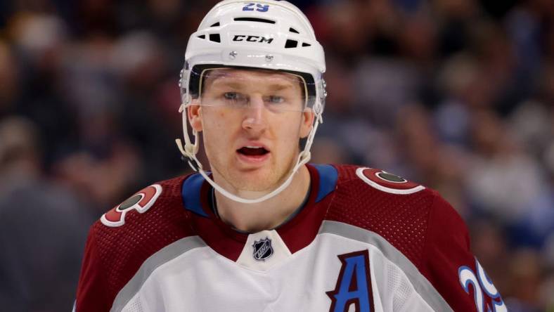 Dec 1, 2022; Buffalo, New York, USA;  Colorado Avalanche center Nathan MacKinnon (29) during a stoppage in play against the Buffalo Sabres during the third period at KeyBank Center. Mandatory Credit: Timothy T. Ludwig-USA TODAY Sports