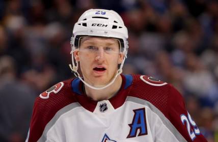 Dec 1, 2022; Buffalo, New York, USA;  Colorado Avalanche center Nathan MacKinnon (29) during a stoppage in play against the Buffalo Sabres during the third period at KeyBank Center. Mandatory Credit: Timothy T. Ludwig-USA TODAY Sports