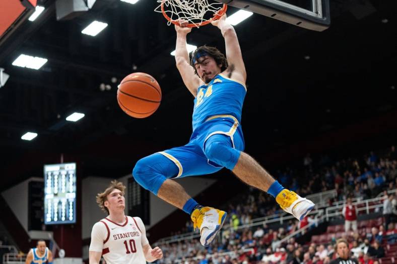 Dec 1, 2022; Stanford, California, USA; UCLA Bruins guard Jaime Jaquez Jr. (24) dunks the ball during the first half against the Stanford Cardinal at Maples Pavilion. Mandatory Credit: Stan Szeto-USA TODAY Sports