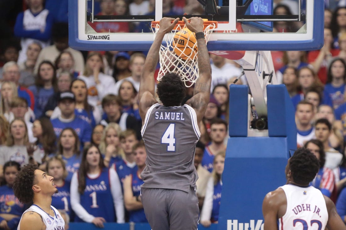 Seton Hall forward Tyrese Samuel (4) dunks over Kansas during the second half of Thursday's game inside Allen Fieldhouse.