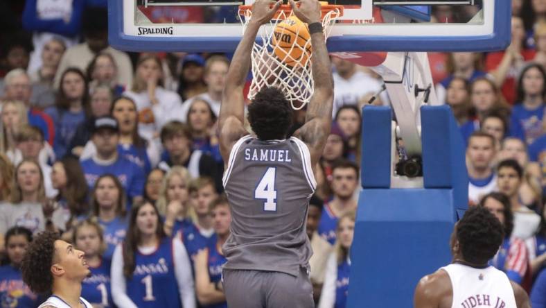 Seton Hall forward Tyrese Samuel (4) dunks over Kansas during the second half of Thursday's game inside Allen Fieldhouse.