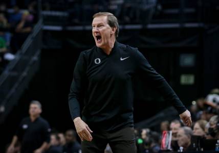Oregon head coach Dana Altman yells to his team during the second half as the Oregon Ducks host the Washington State Cougars to open Pac-12 play Thursday, Dec. 1, 2022, at Matthew Knight Arena in Eugene, Ore.

Ncaa Basketball Oregon Men S Basketball Hosts Washington State Washington State At Oregon