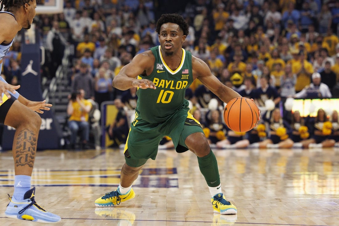 Nov 29, 2022; Milwaukee, Wisconsin, USA;  Baylor Bears guard Adam Flagler (10) during the game against the Marquette Golden Eagles at Fiserv Forum. Mandatory Credit: Jeff Hanisch-USA TODAY Sports