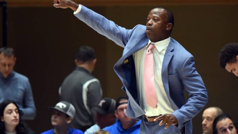 Dec 3, 2022; Durham, North Carolina, USA; Boston College Eagles head coach Earl Grant directs his team during the first half against the Duke Blue Devils at Cameron Indoor Stadium. Mandatory Credit: Rob Kinnan-USA TODAY Sports