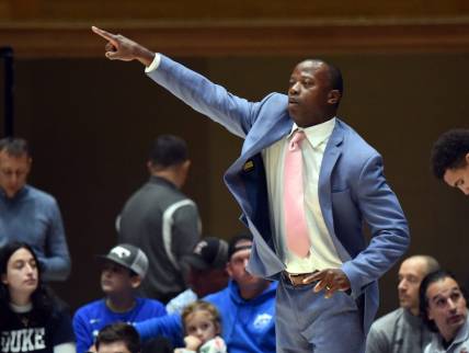 Dec 3, 2022; Durham, North Carolina, USA; Boston College Eagles head coach Earl Grant directs his team during the first half against the Duke Blue Devils at Cameron Indoor Stadium. Mandatory Credit: Rob Kinnan-USA TODAY Sports