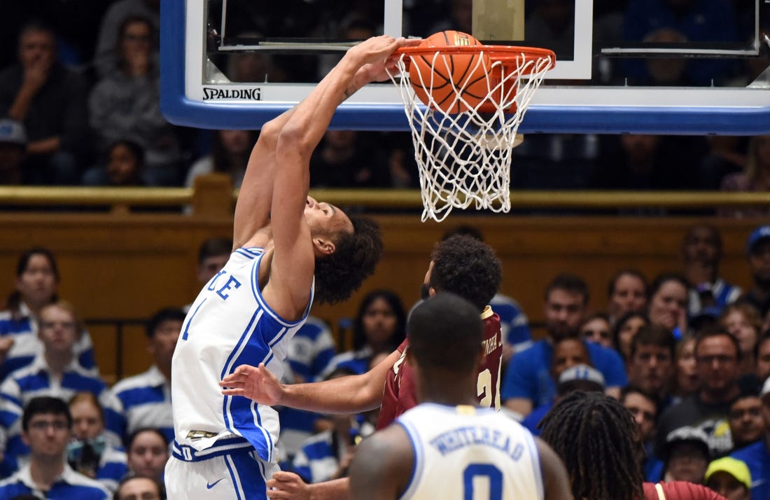 Dec 3, 2022; Durham, North Carolina, USA; Duke Blue Devils center Dereck Lively (1) dunks during the first half against the Boston College Eagles at Cameron Indoor Stadium. Mandatory Credit: Rob Kinnan-USA TODAY Sports