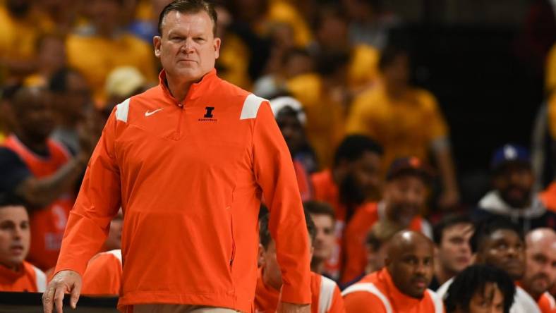 Dec 2, 2022; College Park, Maryland, USA;  Illinois Fighting Illini head coach Brad Underwood during the game against the Maryland Terrapins at Xfinity Center. Mandatory Credit: Tommy Gilligan-USA TODAY Sports