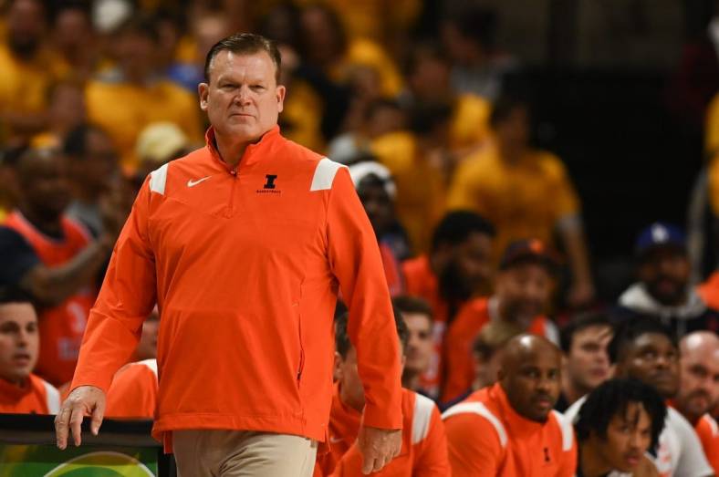 Dec 2, 2022; College Park, Maryland, USA;  Illinois Fighting Illini head coach Brad Underwood during the game against the Maryland Terrapins at Xfinity Center. Mandatory Credit: Tommy Gilligan-USA TODAY Sports