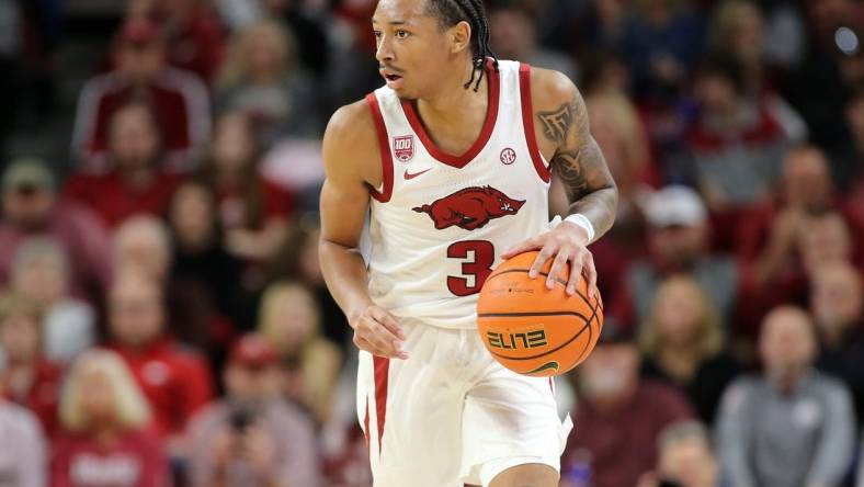 Dec 3, 2022; Fayetteville, Arkansas, USA; Arkansas Razorbacks guard Nick Smith Jr (3) brings the ball up court during the second half against the San Jose State Spartans at Bud Walton Arena. Arkansas won 99-58. Mandatory Credit: Nelson Chenault-USA TODAY Sports