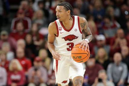 Dec 3, 2022; Fayetteville, Arkansas, USA; Arkansas Razorbacks guard Nick Smith Jr (3) brings the ball up court during the second half against the San Jose State Spartans at Bud Walton Arena. Arkansas won 99-58. Mandatory Credit: Nelson Chenault-USA TODAY Sports