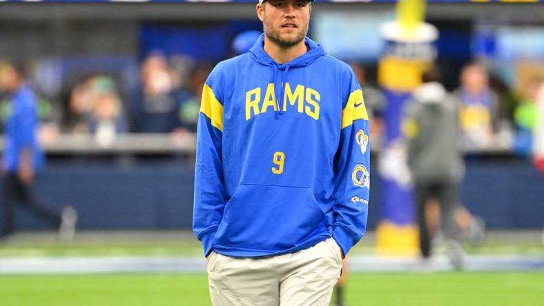 Dec 4, 2022; Inglewood, California, USA;  Los Angeles Rams quarterback Matthew Stafford (9) walks on the field prior a game against the Seattle Seahawks at SoFi Stadium. Mandatory Credit: Jayne Kamin-Oncea-USA TODAY Sports