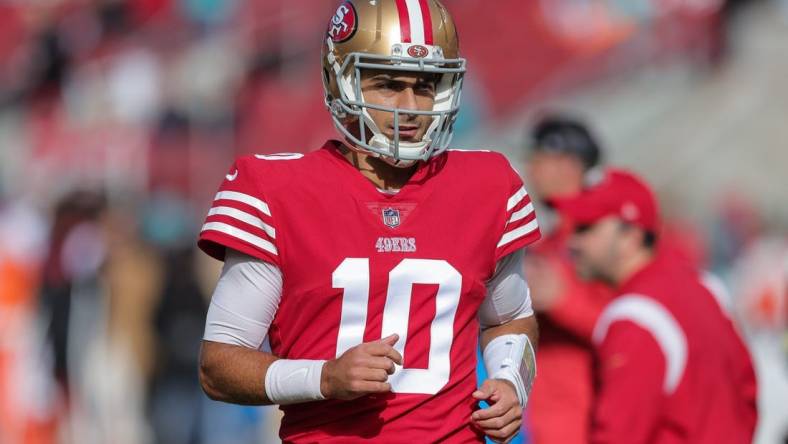 Dec 4, 2022; Santa Clara, California, USA; San Francisco 49ers quarterback Jimmy Garoppolo (10) before the game against the Miami Dolphins at Levi's Stadium. Mandatory Credit: Sergio Estrada-USA TODAY Sports