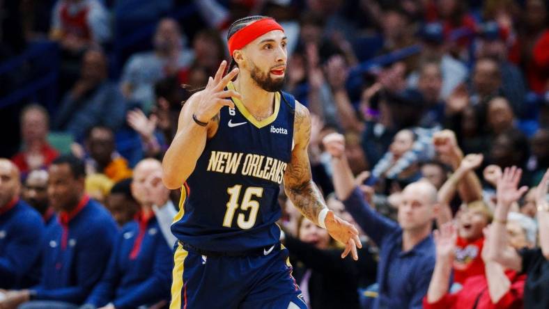 Dec 4, 2022; New Orleans, Louisiana, USA; New Orleans Pelicans guard Jose Alvarado (15) reacts to a three point shot during the second quarter against the Denver Nuggets at Smoothie King Center. Mandatory Credit: Andrew Wevers-USA TODAY Sports