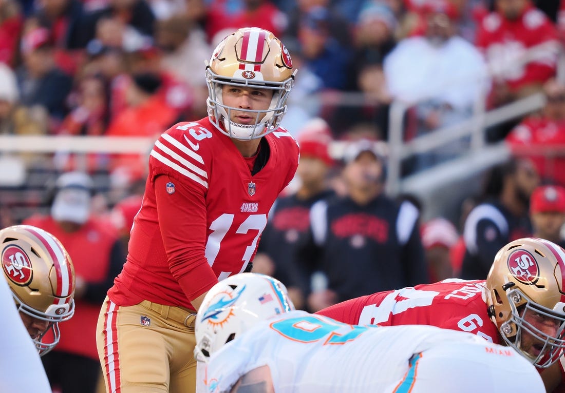 Dec 4, 2022; Santa Clara, California, USA; San Francisco 49ers quarterback Brock Purdy (13) prepares for the snap against the Miami Dolphins during the first quarter at Levi's Stadium. Mandatory Credit: Kelley L Cox-USA TODAY Sports