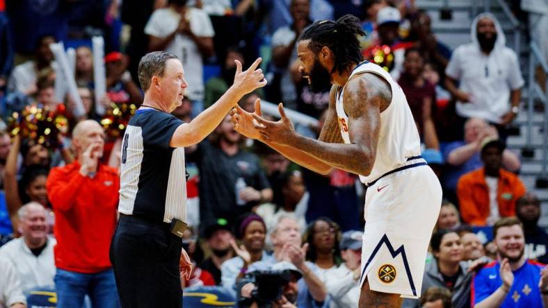 Dec 4, 2022; New Orleans, Louisiana, USA; Denver Nuggets center DeAndre Jordan (6) argues with referee Matt Boland (18) during the fourth quarter against the New Orleans Pelicans at Smoothie King Center. Mandatory Credit: Andrew Wevers-USA TODAY Sports