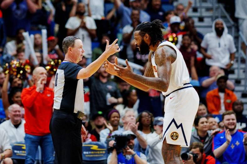 Dec 4, 2022; New Orleans, Louisiana, USA; Denver Nuggets center DeAndre Jordan (6) argues with referee Matt Boland (18) during the fourth quarter against the New Orleans Pelicans at Smoothie King Center. Mandatory Credit: Andrew Wevers-USA TODAY Sports