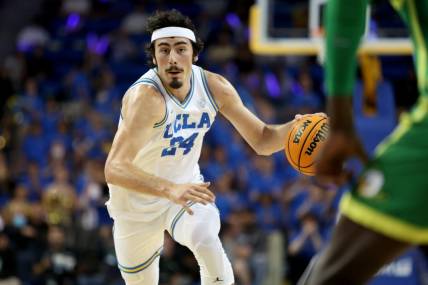 Dec 4, 2022; Los Angeles, California, USA; UCLA Bruins guard Jaime Jaquez Jr. (24) dribbles a ball during the second half against the Oregon Ducks at Pauley Pavilion presented by Wescom. Mandatory Credit: Kiyoshi Mio-USA TODAY Sports
