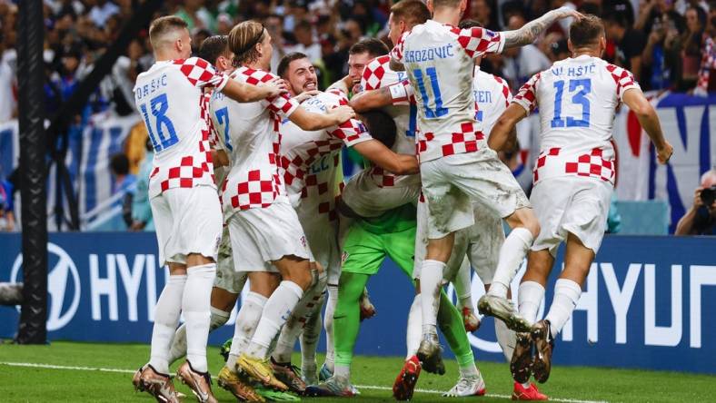 Dec 5, 2022; Al-Wakrah, Qatar; Croatia players celebrate with 3-1 victory on penalty kicks in a round of sixteen match against Japan during the 2022 FIFA World Cup at Al-Janoub Stadium. Mandatory Credit: Yukihito Taguchi-USA TODAY Sports