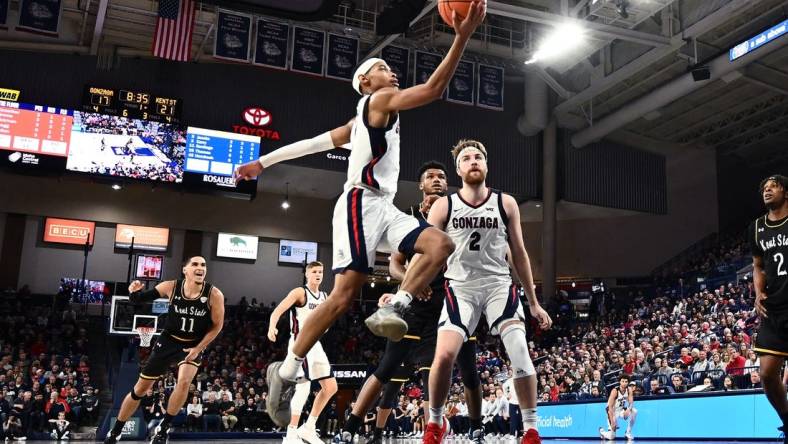 Dec 5, 2022; Spokane, Washington, USA; Gonzaga Bulldogs guard Nolan Hickman (11) shoots the ball against the Kent State Golden Flashes in the first half at McCarthey Athletic Center. Mandatory Credit: James Snook-USA TODAY Sports