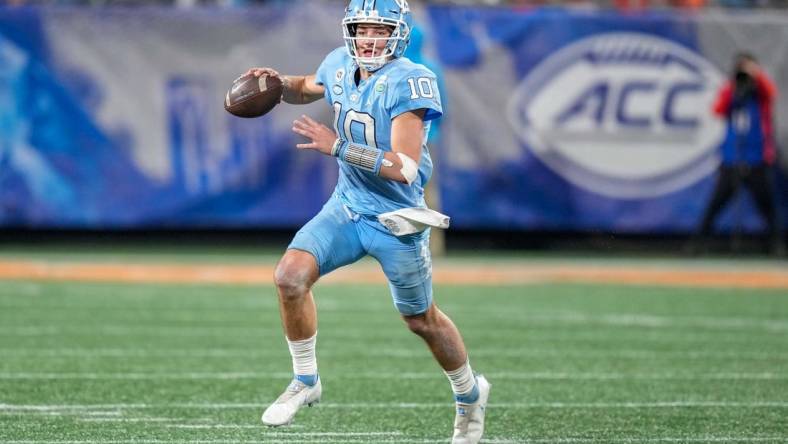 Dec 3, 2022; Charlotte, North Carolina, USA; North Carolina Tar Heels quarterback Drake Maye (10) during the third quarter against the Clemson Tigers at Bank of America Stadium. Mandatory Credit: Jim Dedmon-USA TODAY Sports