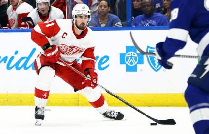 Dec 6, 2022; Tampa, Florida, USA; Detroit Red Wings center Dylan Larkin (71) skates with the  puck against the Tampa Bay Lightning during the second period at Amalie Arena. Mandatory Credit: Kim Klement-USA TODAY Sports