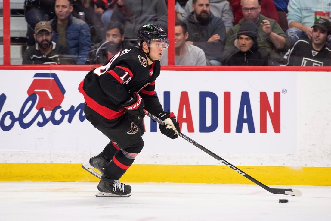 Dec 6, 2022; Ottawa, Ontario, CAN; Ottawa Senators left wing Tim Stutzle (18) skates with the puck in the second period against the Los Angeles Kings at the Canadian Tire Centre. Mandatory Credit: Marc DesRosiers-USA TODAY Sports