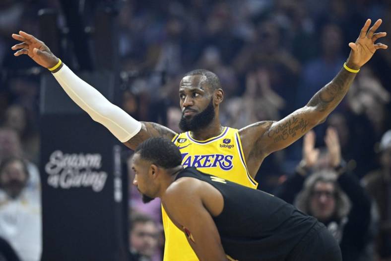 Dec 6, 2022; Cleveland, Ohio, USA; Los Angeles Lakers forward LeBron James (6) reacts to cheers in the first quarter against the Cleveland Cavaliers at Rocket Mortgage FieldHouse. Mandatory Credit: David Richard-USA TODAY Sports