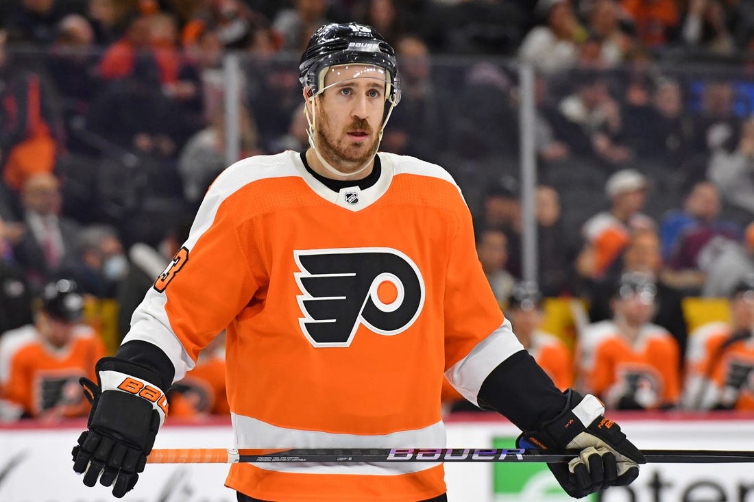 Dec 5, 2022; Philadelphia, Pennsylvania, USA; Philadelphia Flyers center Kevin Hayes (13) against the Colorado Avalanche at Wells Fargo Center. Mandatory Credit: Eric Hartline-USA TODAY Sports