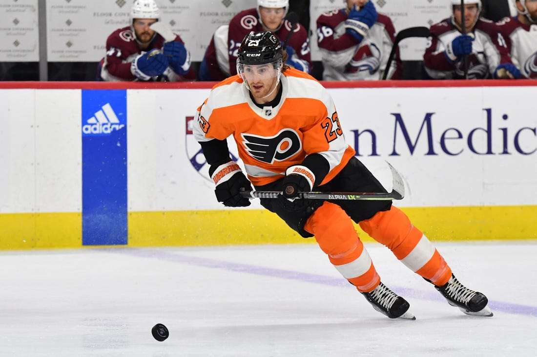 Dec 5, 2022; Philadelphia, Pennsylvania, USA; Philadelphia Flyers center Lukas Sedlak (23) against the Colorado Avalanche at Wells Fargo Center. Mandatory Credit: Eric Hartline-USA TODAY Sports