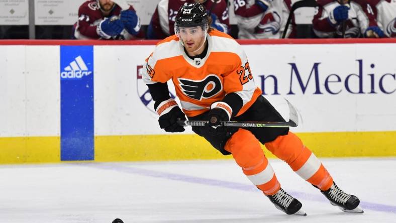 Dec 5, 2022; Philadelphia, Pennsylvania, USA; Philadelphia Flyers center Lukas Sedlak (23) against the Colorado Avalanche at Wells Fargo Center. Mandatory Credit: Eric Hartline-USA TODAY Sports