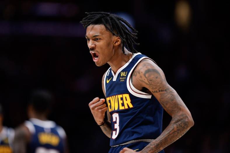 Dec 6, 2022; Denver, Colorado, USA; Denver Nuggets guard Bones Hyland (3) reacts after a play in the fourth quarter against the Dallas Mavericks at Ball Arena. Mandatory Credit: Isaiah J. Downing-USA TODAY Sports