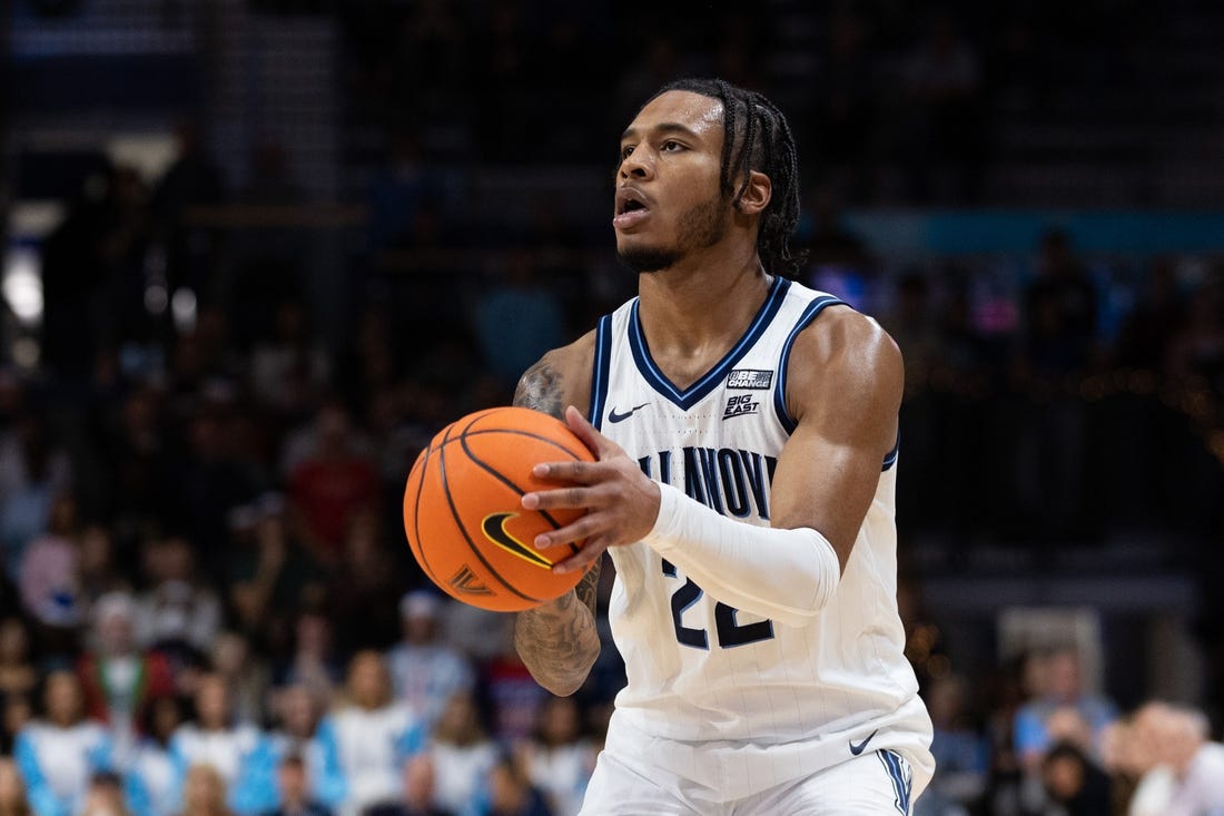 Dec 7, 2022; Villanova, Pennsylvania, USA; Villanova Wildcats forward Cam Whitmore (22) shoots the ball against the Pennsylvania Quakers during the second half at William B. Finneran Pavilion. Mandatory Credit: Bill Streicher-USA TODAY Sports