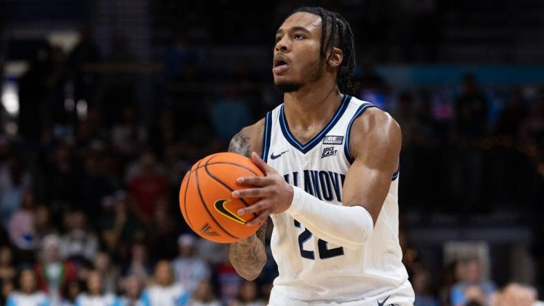 Dec 7, 2022; Villanova, Pennsylvania, USA; Villanova Wildcats forward Cam Whitmore (22) shoots the ball against the Pennsylvania Quakers during the second half at William B. Finneran Pavilion. Mandatory Credit: Bill Streicher-USA TODAY Sports