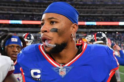 Dec 4, 2022; East Rutherford, New Jersey, USA; New York Giants running back Saquon Barkley (26) following the game against the Washington Commanders at MetLife Stadium. Mandatory Credit: Rich Barnes-USA TODAY Sports