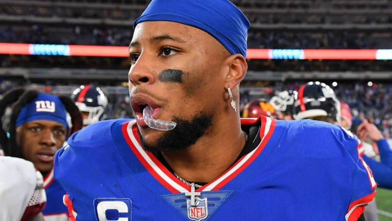 Dec 4, 2022; East Rutherford, New Jersey, USA; New York Giants running back Saquon Barkley (26) following the game against the Washington Commanders at MetLife Stadium. Mandatory Credit: Rich Barnes-USA TODAY Sports