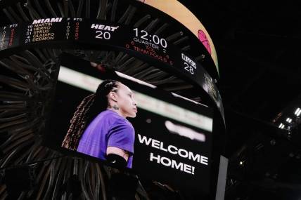 Dec 8, 2022; Miami, Florida, USA; A welcome home graphic is displayed on the arena video board welcoming home WBNA star Brittney Griner, Griner was released from a Russian prison earlier in the day during prior to to the game between the Miami Heat and the LA Clippers at FTX Arena. Mandatory Credit: Jasen Vinlove-USA TODAY Sports