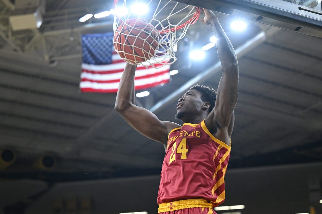 Dec 8, 2022; Iowa City, Iowa, USA; Iowa State Cyclones forward Hason Ward (24) dunks against the Iowa Hawkeyes during the first half at Carver-Hawkeye Arena. Mandatory Credit: Jeffrey Becker-USA TODAY Sports