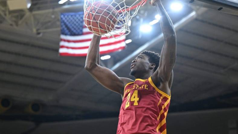 Dec 8, 2022; Iowa City, Iowa, USA; Iowa State Cyclones forward Hason Ward (24) dunks against the Iowa Hawkeyes during the first half at Carver-Hawkeye Arena. Mandatory Credit: Jeffrey Becker-USA TODAY Sports