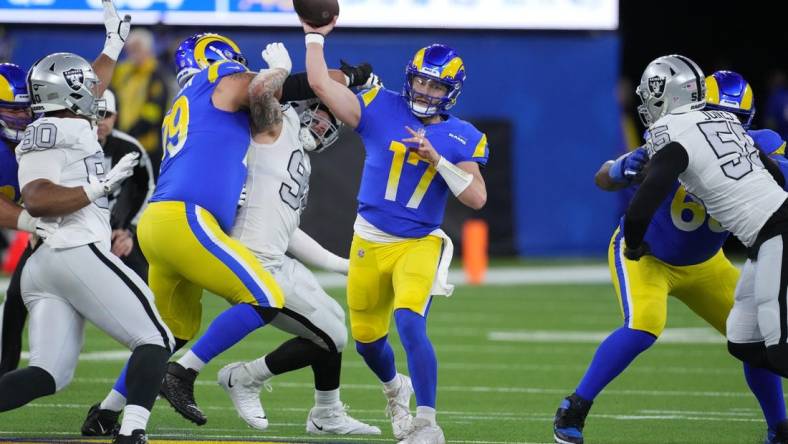 Dec 8, 2022; Inglewood, California, USA; Los Angeles Rams quarterback Baker Mayfield throws the ball in the first half against the Las Vegas Raiders at SoFi Stadium. Mandatory Credit: Kirby Lee-USA TODAY Sports