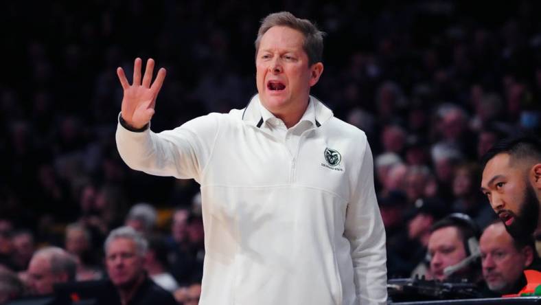 Dec 8, 2022; Boulder, Colorado, USA; Colorado State Rams head coach Niko Medved calls out in the first half against the Colorado Buffaloes at the CU Events Center. Mandatory Credit: Ron Chenoy-USA TODAY Sports