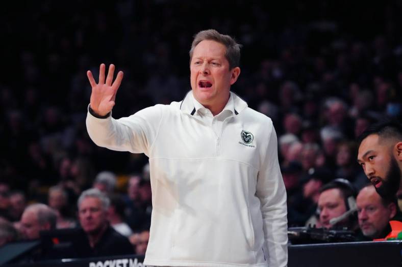 Dec 8, 2022; Boulder, Colorado, USA; Colorado State Rams head coach Niko Medved calls out in the first half against the Colorado Buffaloes at the CU Events Center. Mandatory Credit: Ron Chenoy-USA TODAY Sports