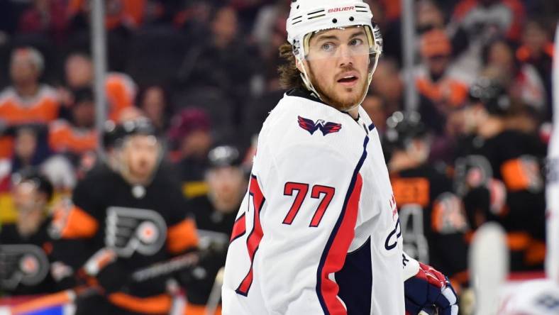 Dec 7, 2022; Philadelphia, Pennsylvania, USA; Washington Capitals right wing T.J. Oshie (77) against the Philadelphia Flyers at Wells Fargo Center. Mandatory Credit: Eric Hartline-USA TODAY Sports